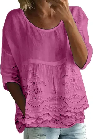 Womens Floral Embroidered Peasant Tops 3/4 Length Sleeve Casual Loose Fit Empire Waist Flowy Boho Babydoll Blouses