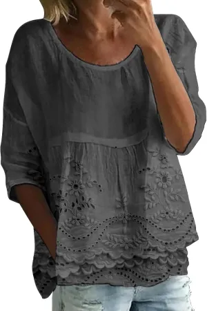 Womens Floral Embroidered Peasant Tops 3/4 Length Sleeve Casual Loose Fit Empire Waist Flowy Boho Babydoll Blouses