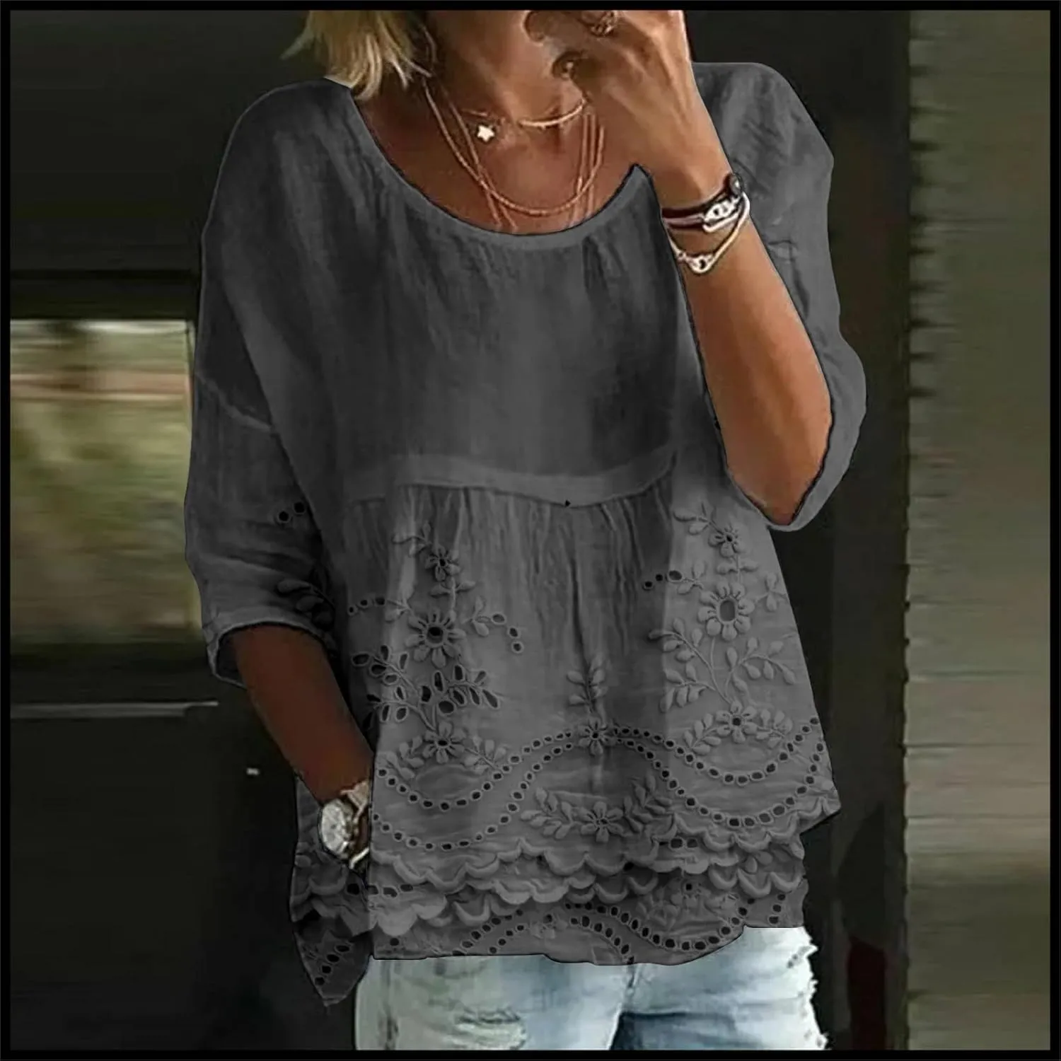 Womens Floral Embroidered Peasant Tops 3/4 Length Sleeve Casual Loose Fit Empire Waist Flowy Boho Babydoll Blouses