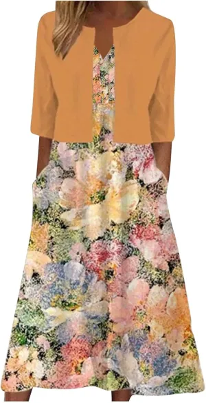 Womens Floral Maxi Dresses 2 Piece Set Sleeveless A Line Summer Beach Wedding Guest Dress with Cardigan 2025 Trendy