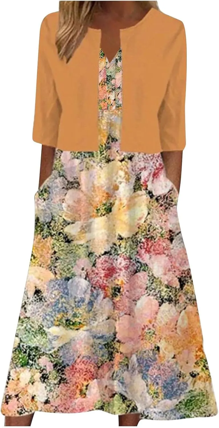 Womens Floral Maxi Dresses 2 Piece Set Sleeveless A Line Summer Beach Wedding Guest Dress with Cardigan 2025 Trendy