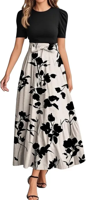 Women's Floral Summer Maxi Dresses Boho Tie Belted Patchwork Empire Waist Short Sleeve Ruffle Flowy Long Dress