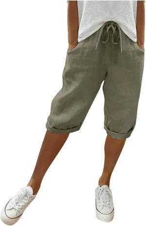Womens Knee Length Shorts Linen Beach Capri Shorts with Pockets Summer Casual Elastic Wiast Drawstring Bermuda Pants