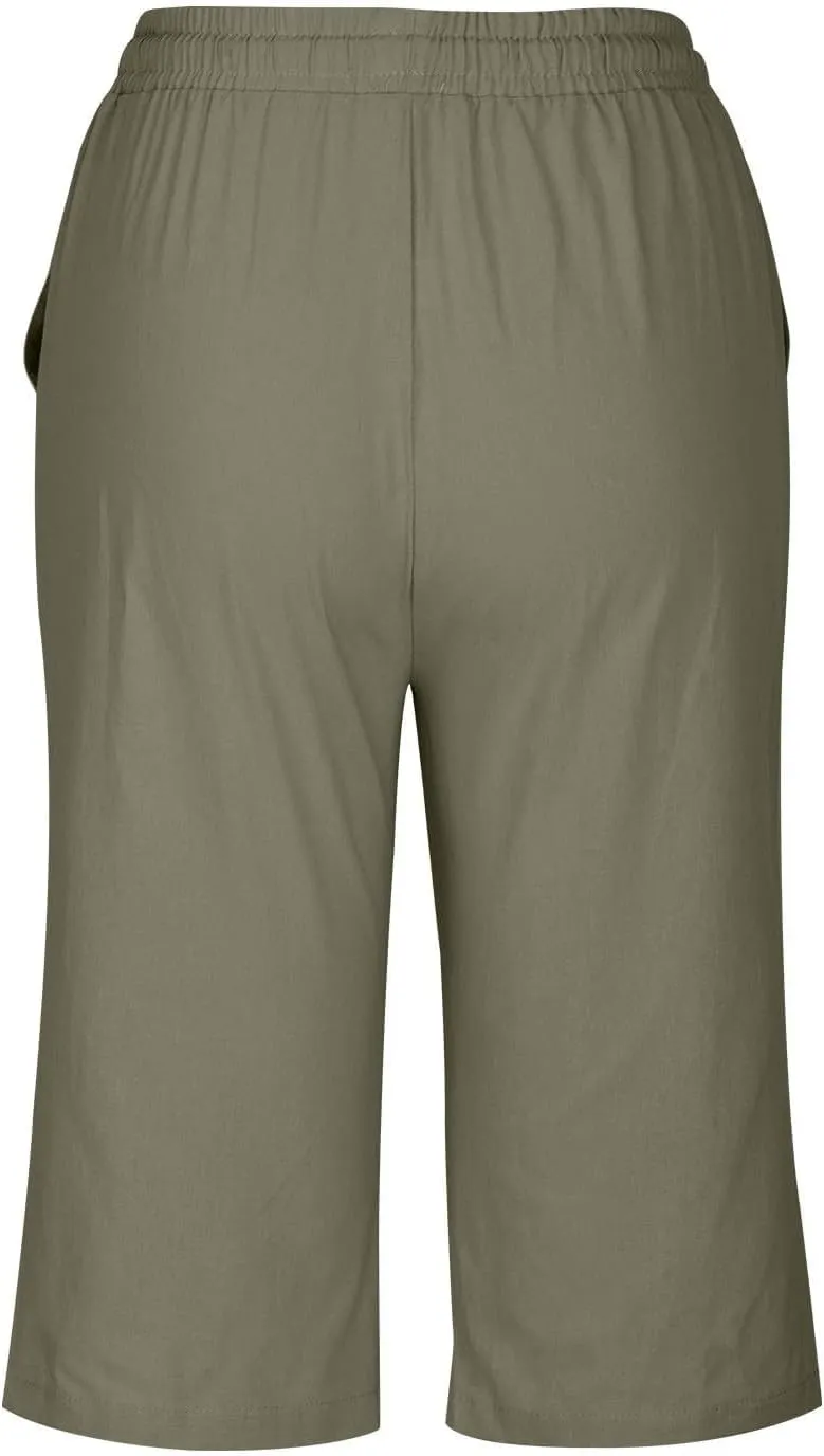 Womens Knee Length Shorts Linen Beach Capri Shorts with Pockets Summer Casual Elastic Wiast Drawstring Bermuda Pants