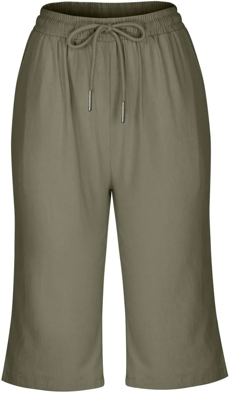 Womens Knee Length Shorts Linen Beach Capri Shorts with Pockets Summer Casual Elastic Wiast Drawstring Bermuda Pants