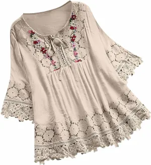 Women's Linen Loose Fit Tshirt Tops Vintage Lace Tie V-Neck Embroidered Tunics Comfy Relaxed Ladies 3/4 Sleeve Blouse Women's Linen Loose Fit Tshirt Tops Vintage Lace Tie V-Neck Embroidered Tunics Comfy Relaxed Ladies 3/4 Sleeve Blouse