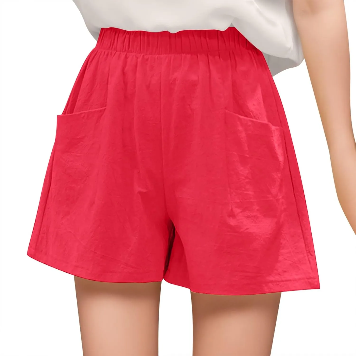 Womens Linen Shorts Casual Elastic High Waisted Cotton Shorts Loose Fit Summer Flowy Beach Short Pants with Pockets