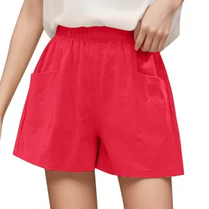 Womens Linen Shorts Casual Elastic High Waisted Cotton Shorts Loose Fit Summer Flowy Beach Short Pants with Pockets