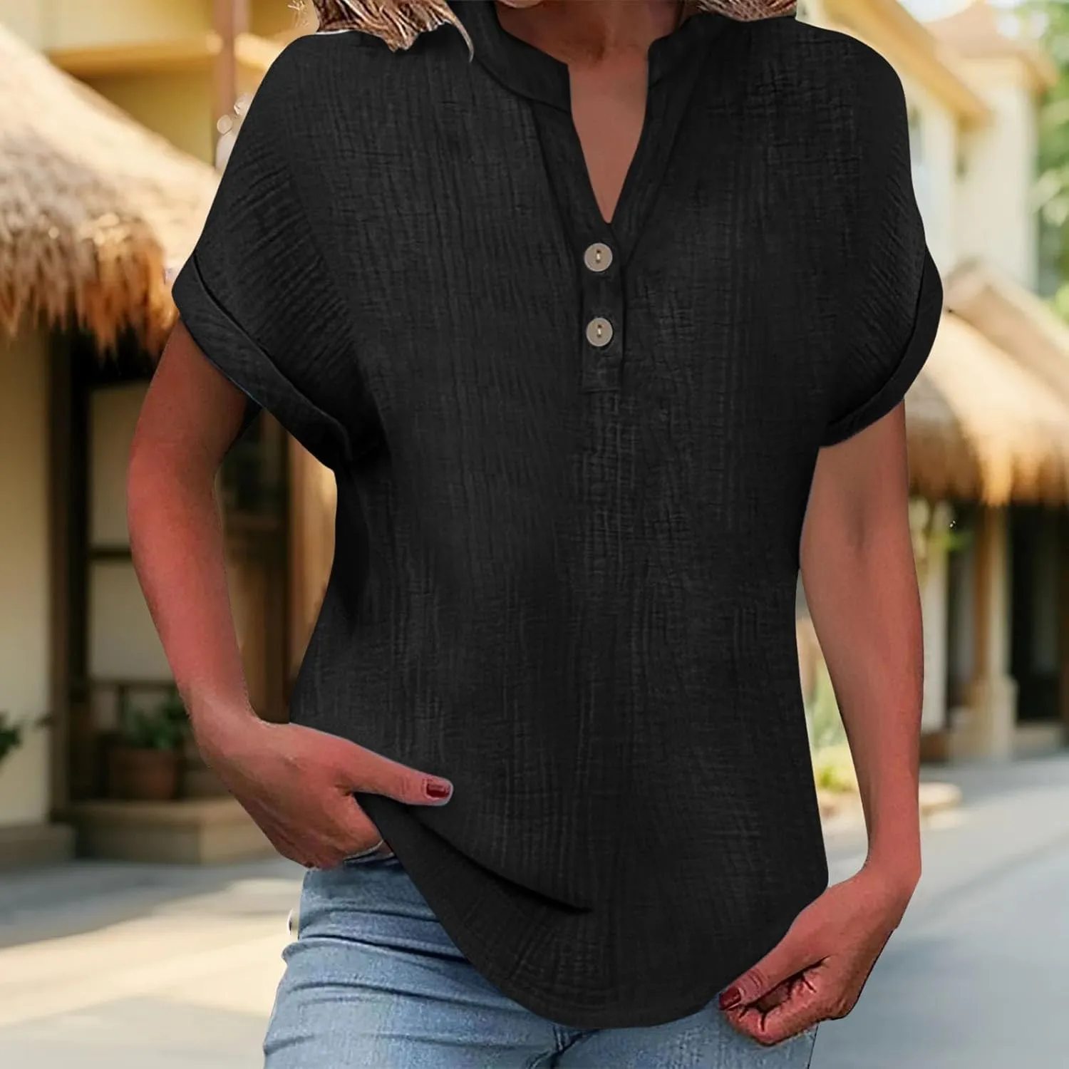 Women's Short Sleeve Cotton Linen Shirts Henley Dressy Casual Summer Tops 2025 Trendy Blouses Beach Vacation Clothes