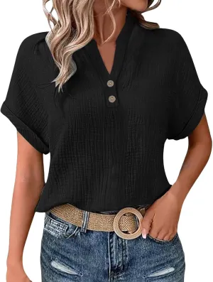 Women's Short Sleeve Cotton Linen Shirts Henley Dressy Casual Summer Tops 2025 Trendy Blouses Beach Vacation Clothes
