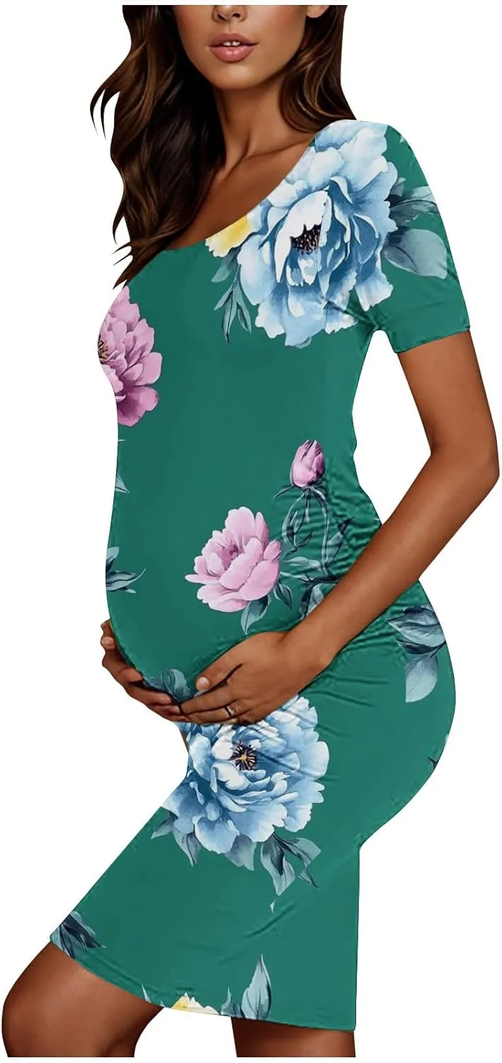 Women's Short Sleeve Maternity Dress Cute Floral Print Summer Casual T-Shirt Dresses Comfy Pregnancy Clothes