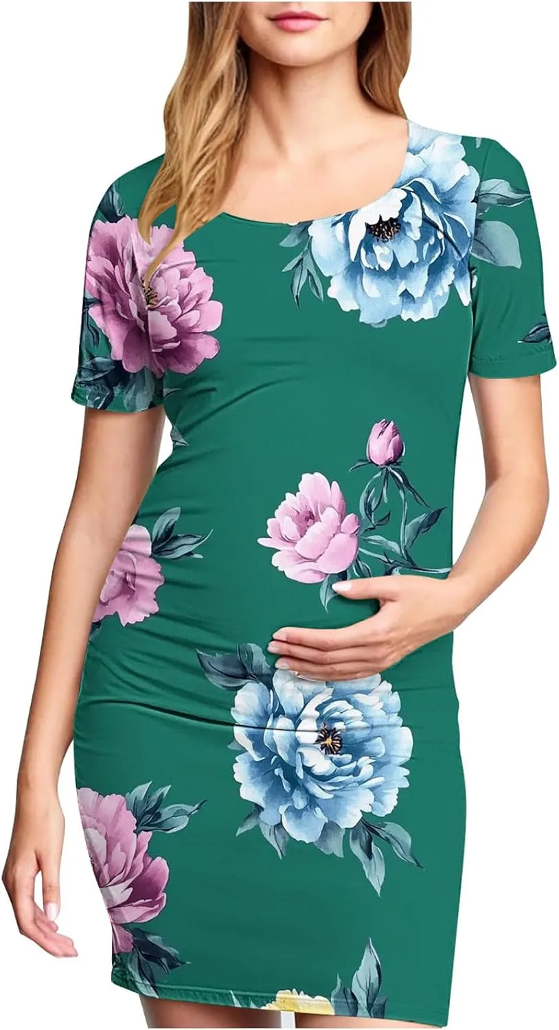 Women's Short Sleeve Maternity Dress Cute Floral Print Summer Casual T-Shirt Dresses Comfy Pregnancy Clothes