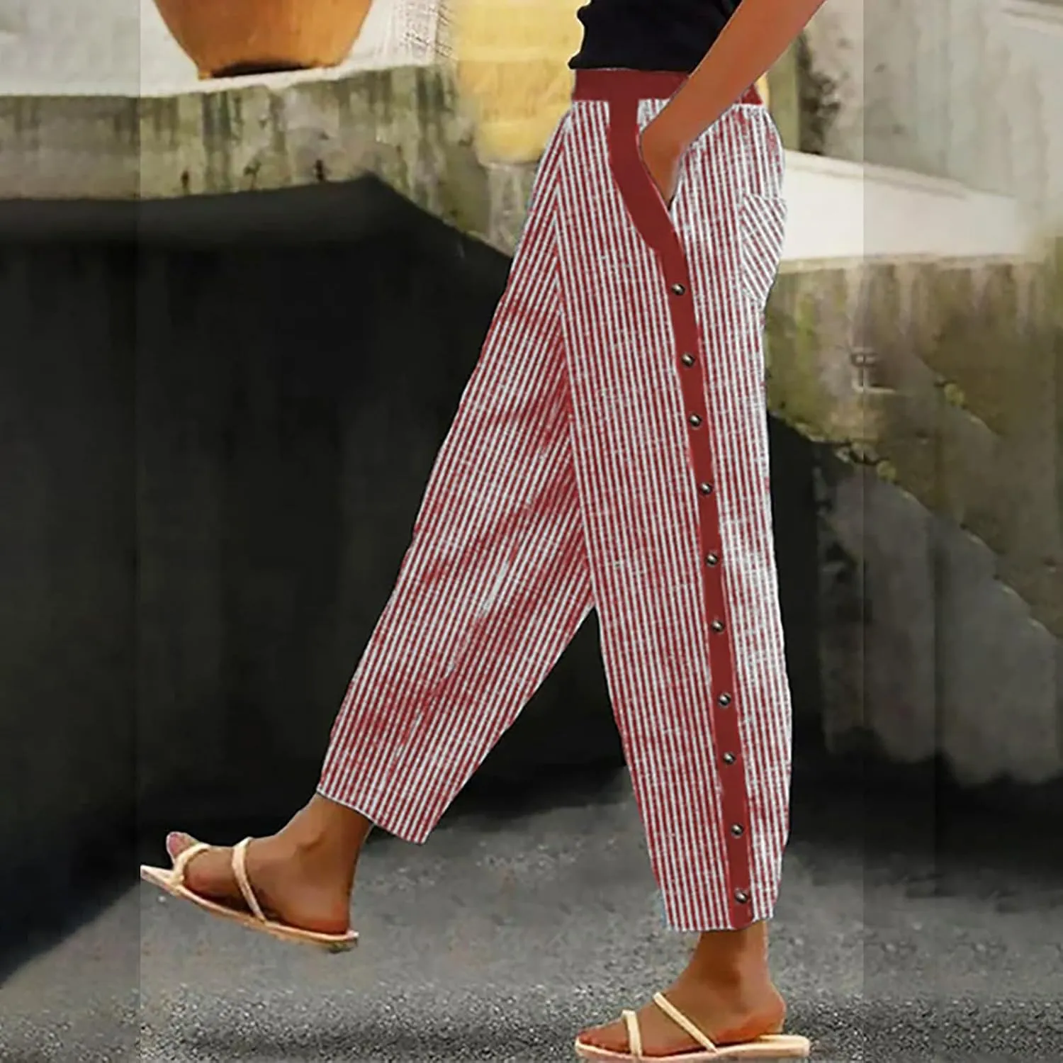 Womens Striped Print Lounge Pants Casual Elastic Summer Beach Travel Vacation Wide Leg Pants Ankle Length Trousers