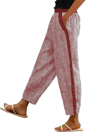 Womens Striped Print Lounge Pants Casual Elastic Summer Beach Travel Vacation Wide Leg Pants Ankle Length Trousers