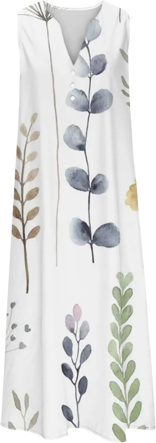 Women's Summer Design Casual Dress Sleeveless V-Neck Dress with Pockets Loose Flowy Swing Pleated Long Beach Dress