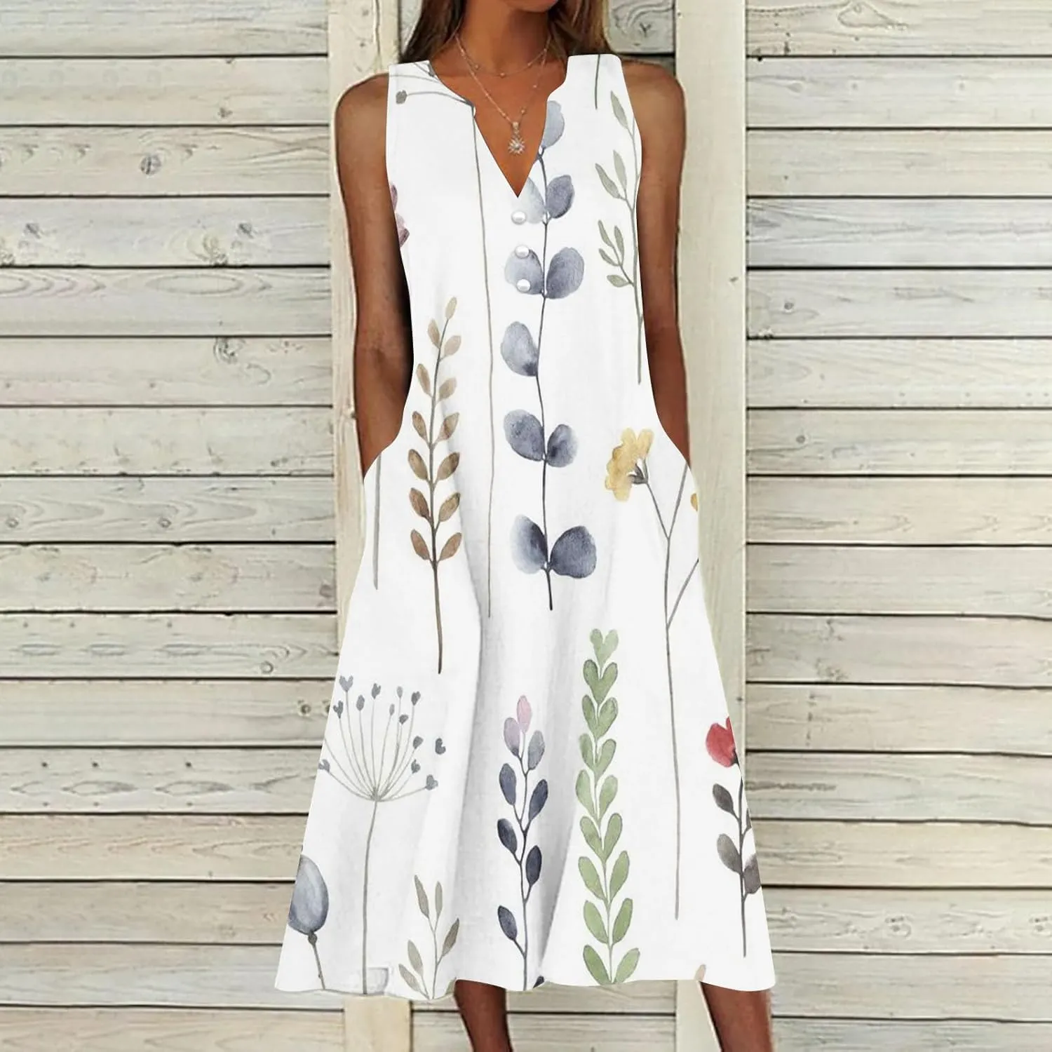 Women's Summer Design Casual Dress Sleeveless V-Neck Dress with Pockets Loose Flowy Swing Pleated Long Beach Dress