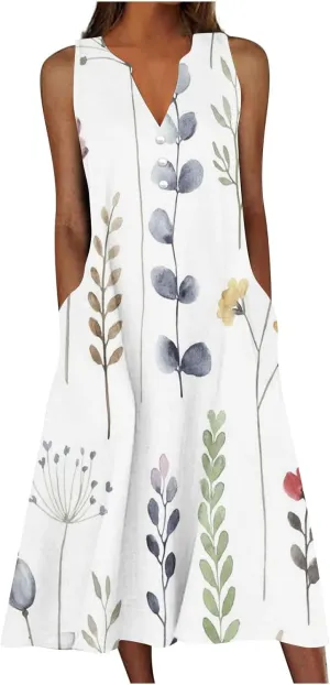 Women's Summer Design Casual Dress Sleeveless V-Neck Dress with Pockets Loose Flowy Swing Pleated Long Beach Dress