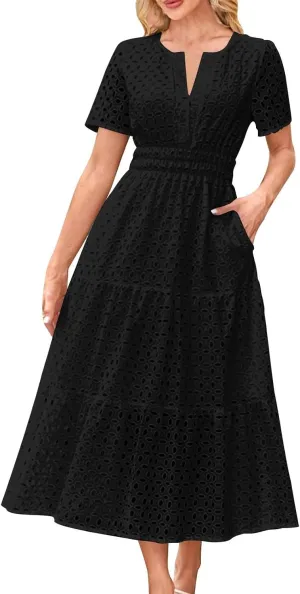 Womens Summer Midi Dresses Short Sleeve V Neck Hollow Out Eyelet Flowy Pleated Tiered A Line Swing Beach Vacation Dress