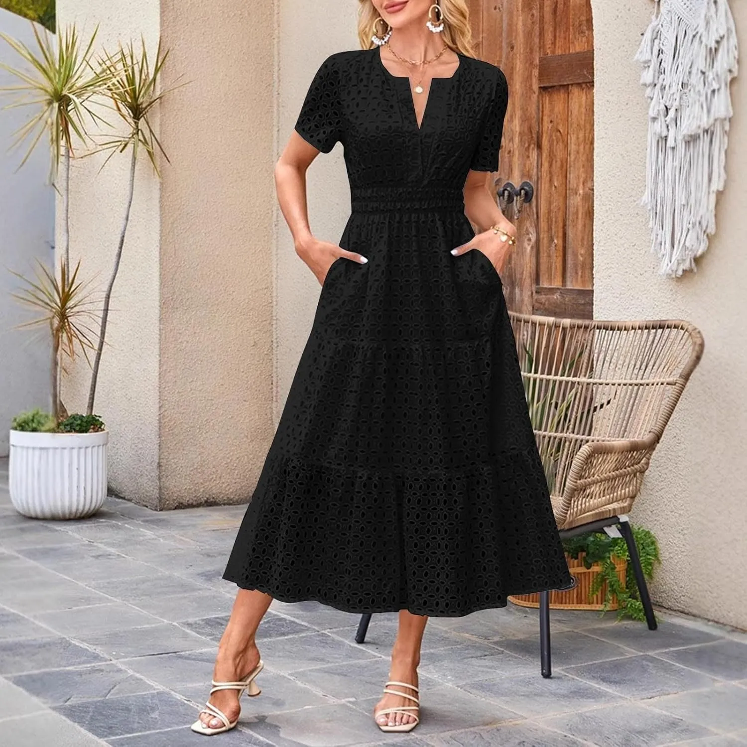 Womens Summer Midi Dresses Short Sleeve V Neck Hollow Out Eyelet Flowy Pleated Tiered A Line Swing Beach Vacation Dress
