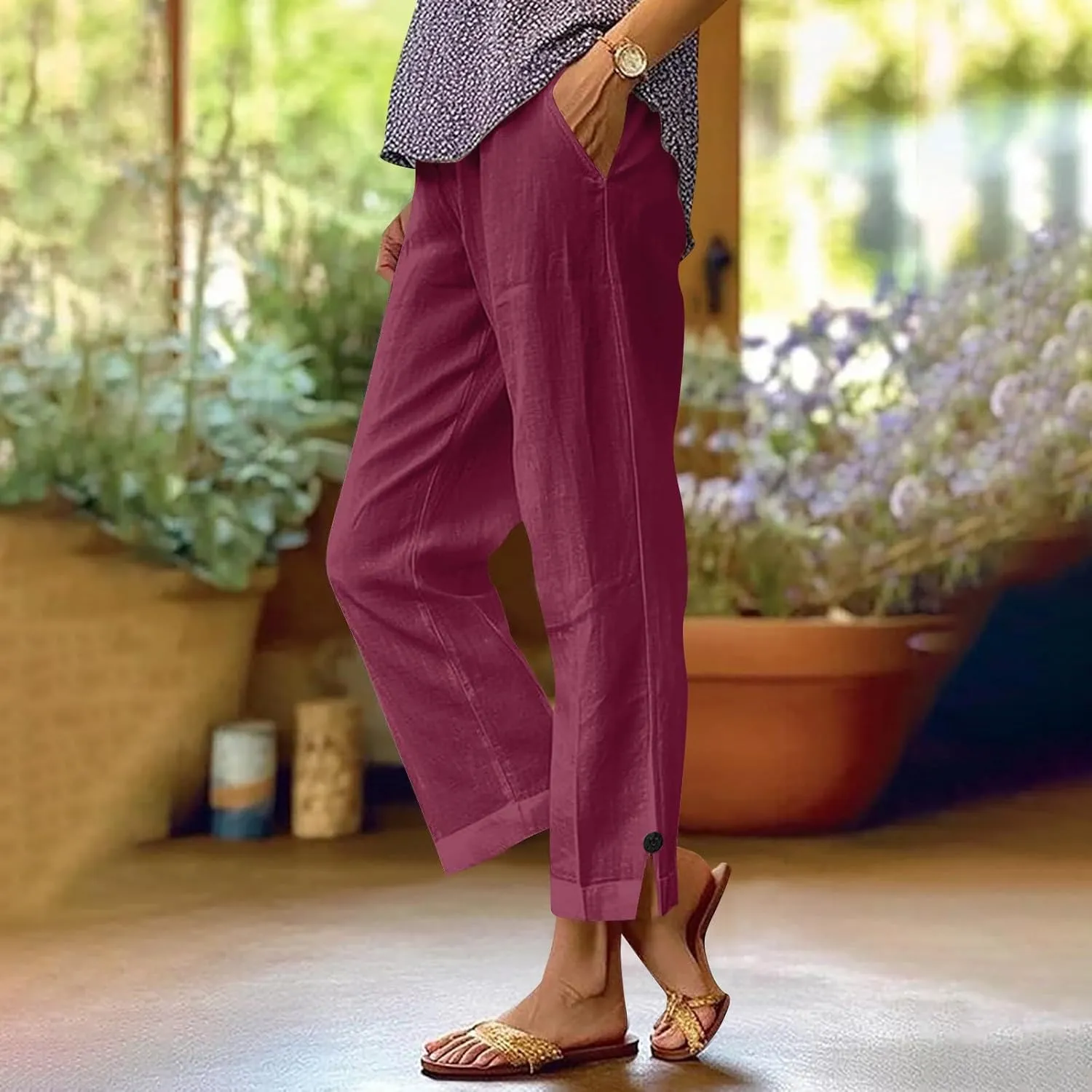 Women's Summer Pants Solid Color Elastic Waist Versatile Straight Tube Casual Wide Leg Side Slit Pants with Pockets