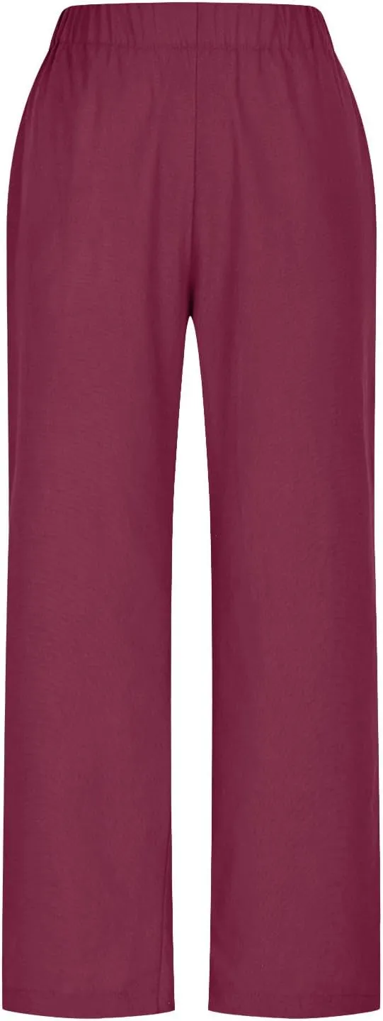 Women's Summer Pants Solid Color Elastic Waist Versatile Straight Tube Casual Wide Leg Side Slit Pants with Pockets
