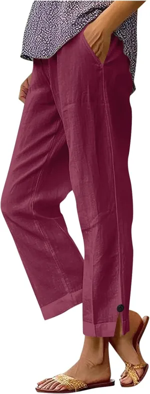 Women's Summer Pants Solid Color Elastic Waist Versatile Straight Tube Casual Wide Leg Side Slit Pants with Pockets