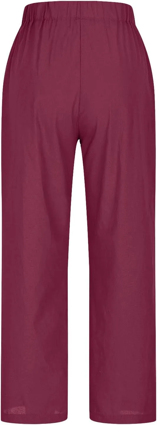 Women's Summer Pants Solid Color Elastic Waist Versatile Straight Tube Casual Wide Leg Side Slit Pants with Pockets