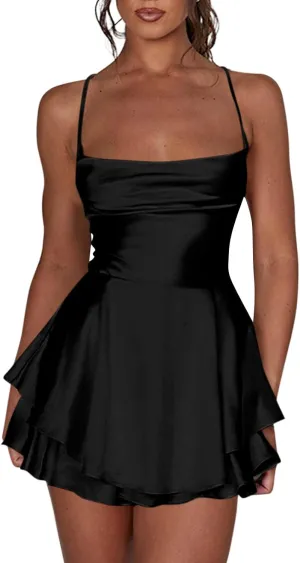 Womens Summer Sexy Backless Satin Dress Cowl Neck Cross Spaghetti Strap Solid Color Mini Beach Vacation Dresses