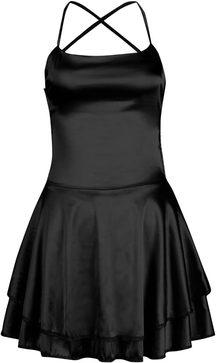 Womens Summer Sexy Backless Satin Dress Cowl Neck Cross Spaghetti Strap Solid Color Mini Beach Vacation Dresses