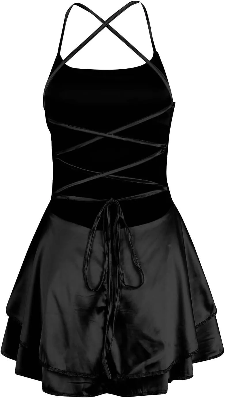 Womens Summer Sexy Backless Satin Dress Cowl Neck Cross Spaghetti Strap Solid Color Mini Beach Vacation Dresses