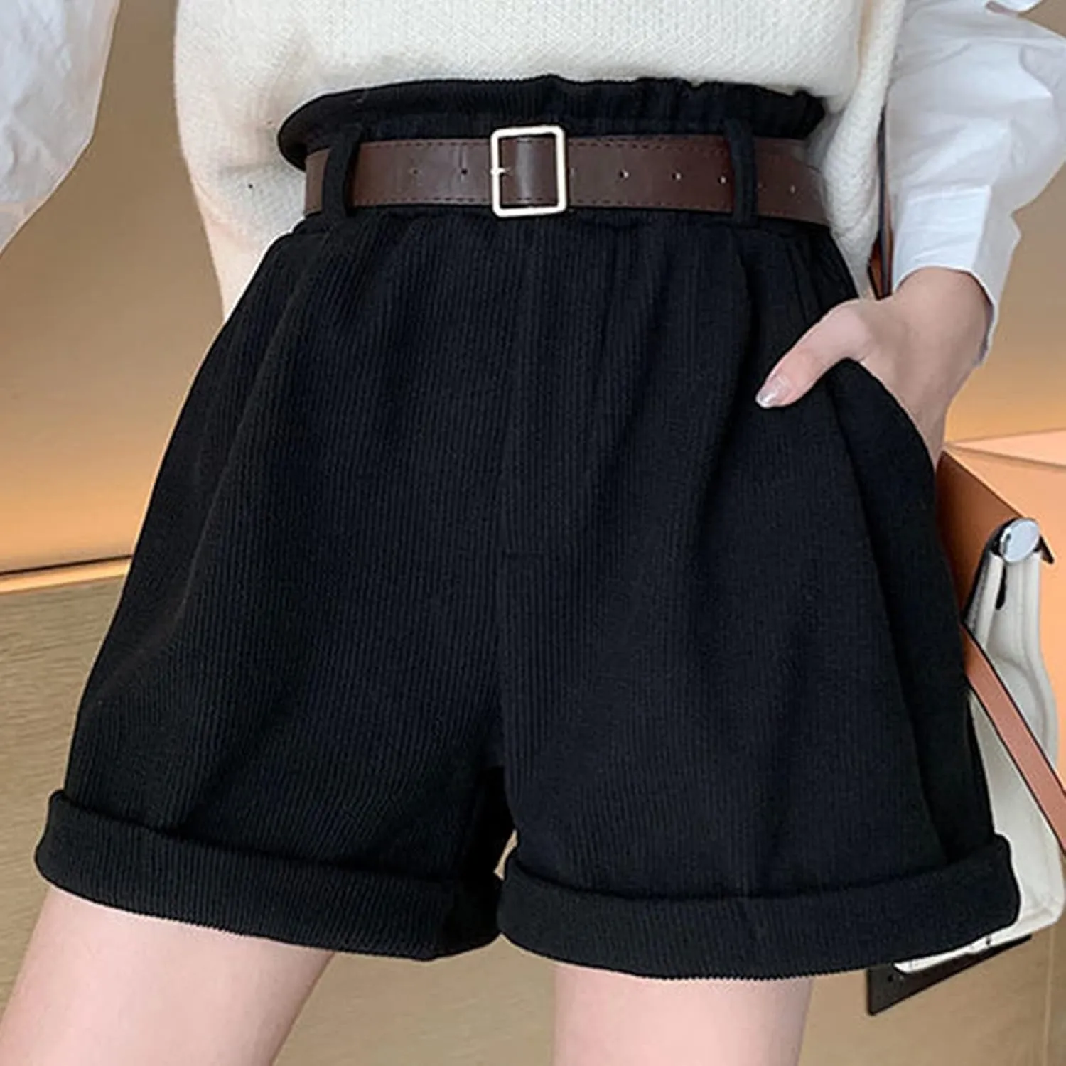 Womens Summer Shorts High Waisted Cuffed Hem Corduroy Shorts Wide Leg Lounge Baggy Short Pants with Pockets