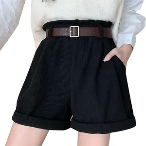 Womens Summer Shorts High Waisted Cuffed Hem Corduroy Shorts Wide Leg Lounge Baggy Short Pants with Pockets