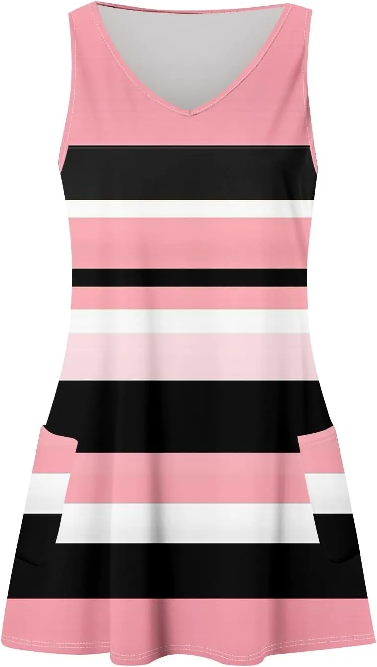 Women's Summer Tank Dresses with Pockets Trendy Boho Beach Dress Elegant Sleeveless V Neck Mini Sundress
