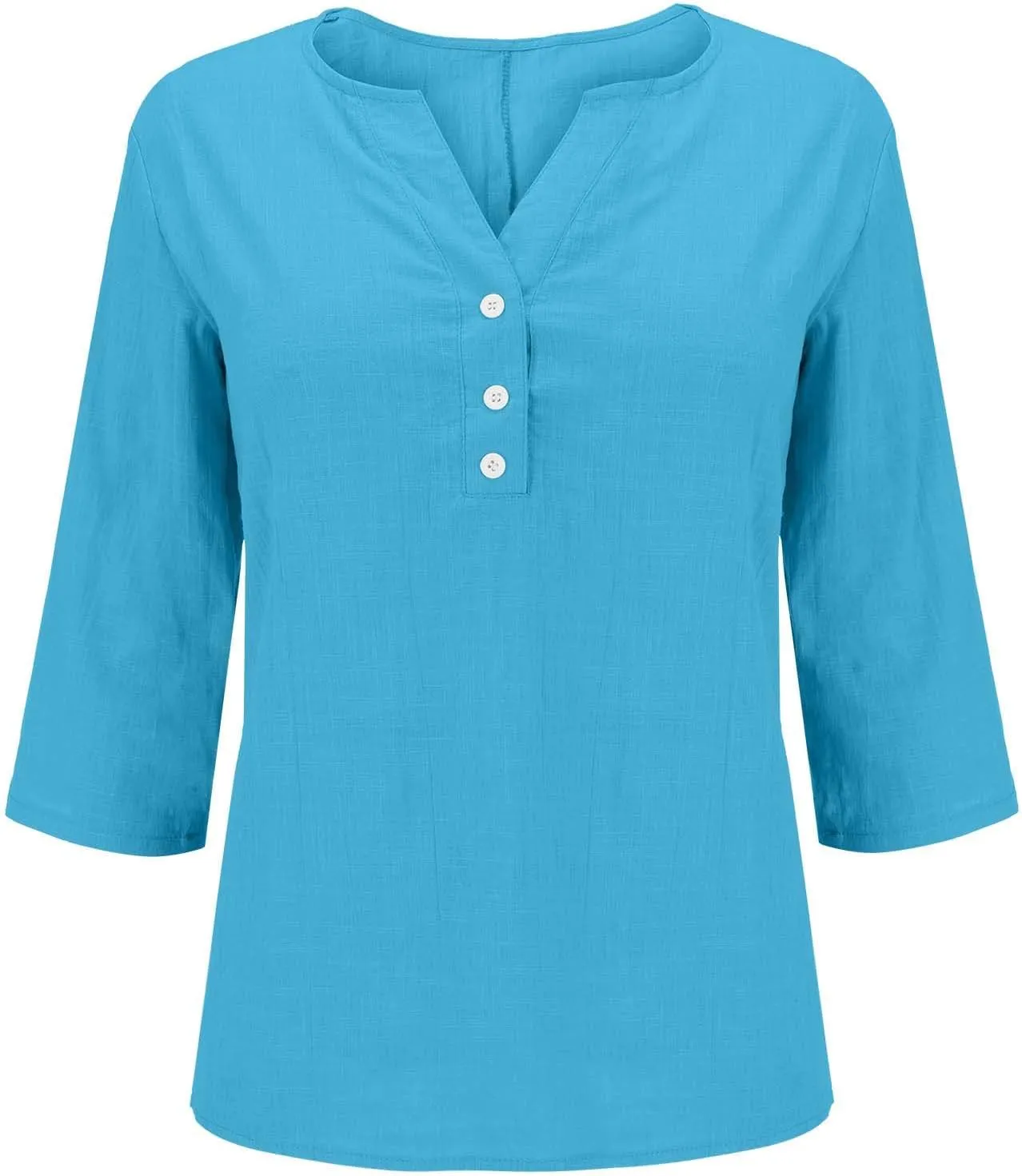 Womens Summer Tops 3/4 Sleeve V Neck Buttons Shirts Solid Color Summer Tees Dressy Casual Tunic Blouses
