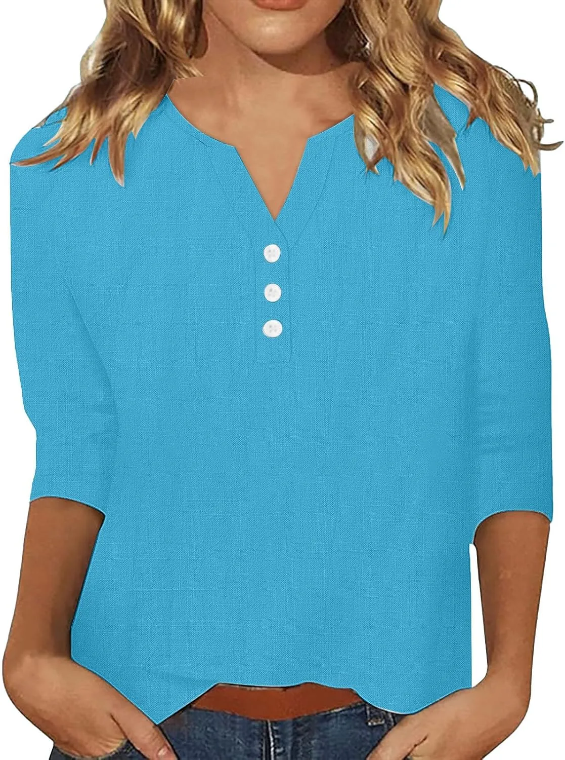 Womens Summer Tops 3/4 Sleeve V Neck Buttons Shirts Solid Color Summer Tees Dressy Casual Tunic Blouses