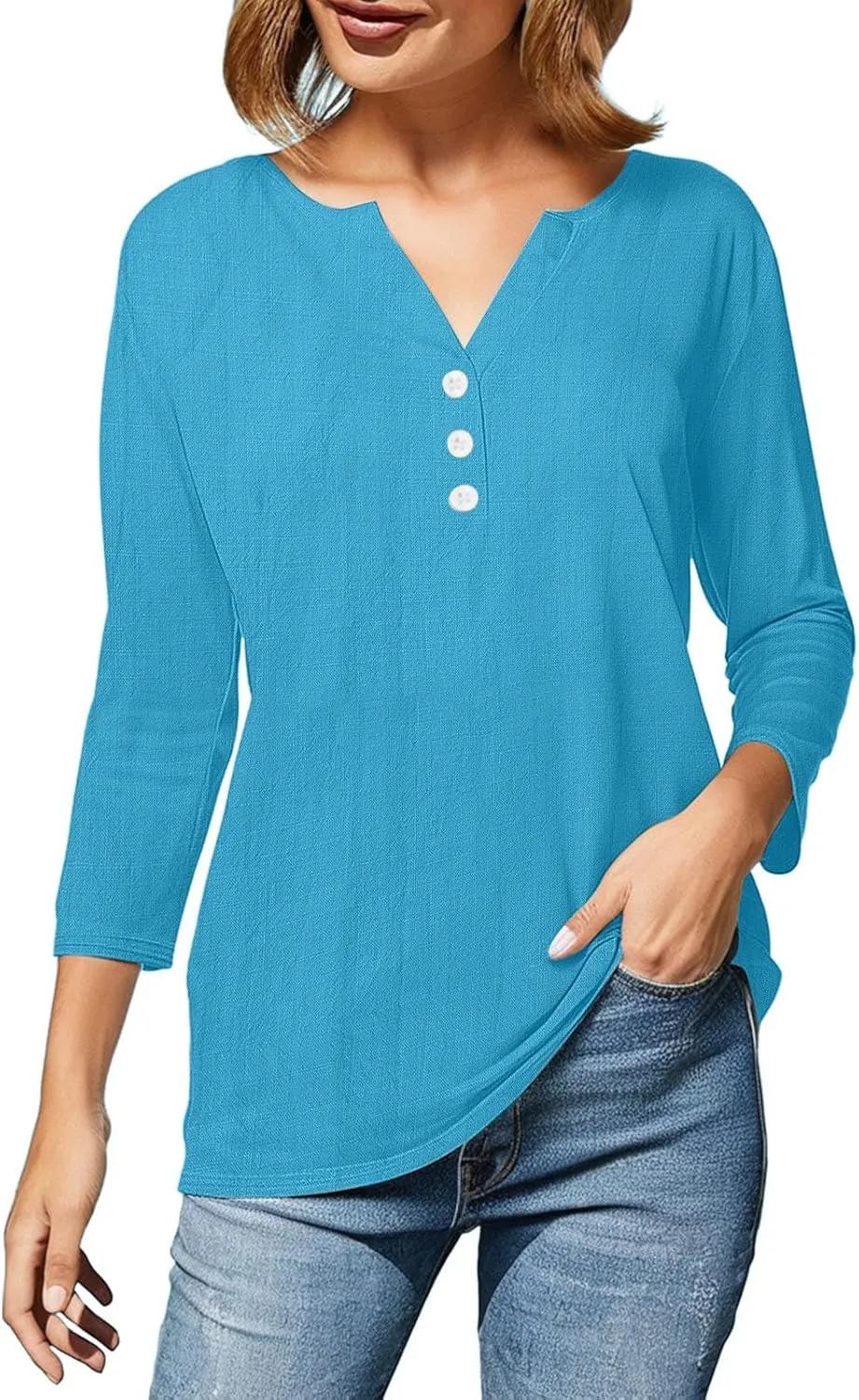 Womens Summer Tops 3/4 Sleeve V Neck Buttons Shirts Solid Color Summer Tees Dressy Casual Tunic Blouses