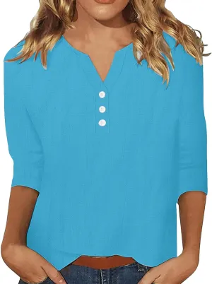 Womens Summer Tops 3/4 Sleeve V Neck Buttons Shirts Solid Color Summer Tees Dressy Casual Tunic Blouses