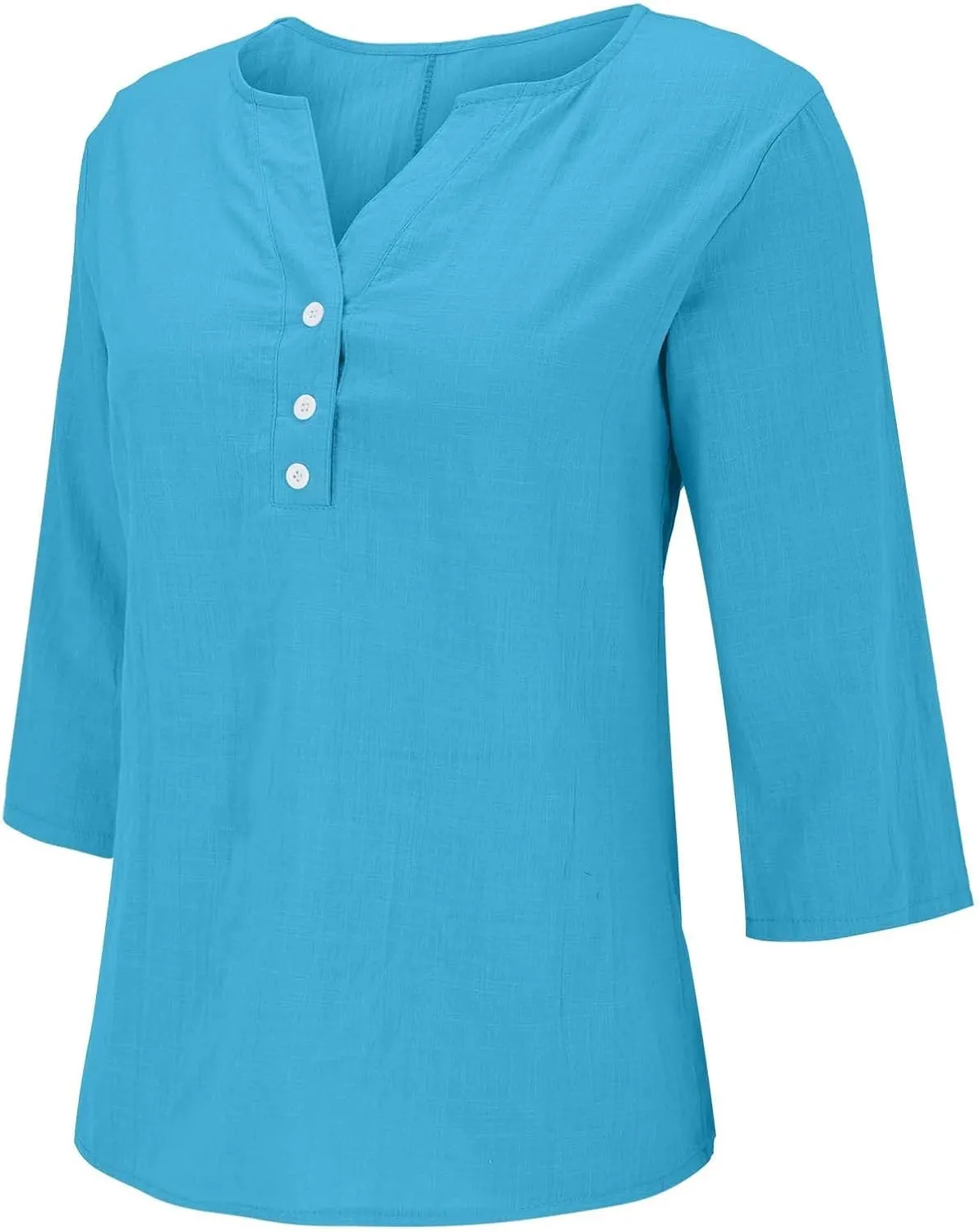 Womens Summer Tops 3/4 Sleeve V Neck Buttons Shirts Solid Color Summer Tees Dressy Casual Tunic Blouses