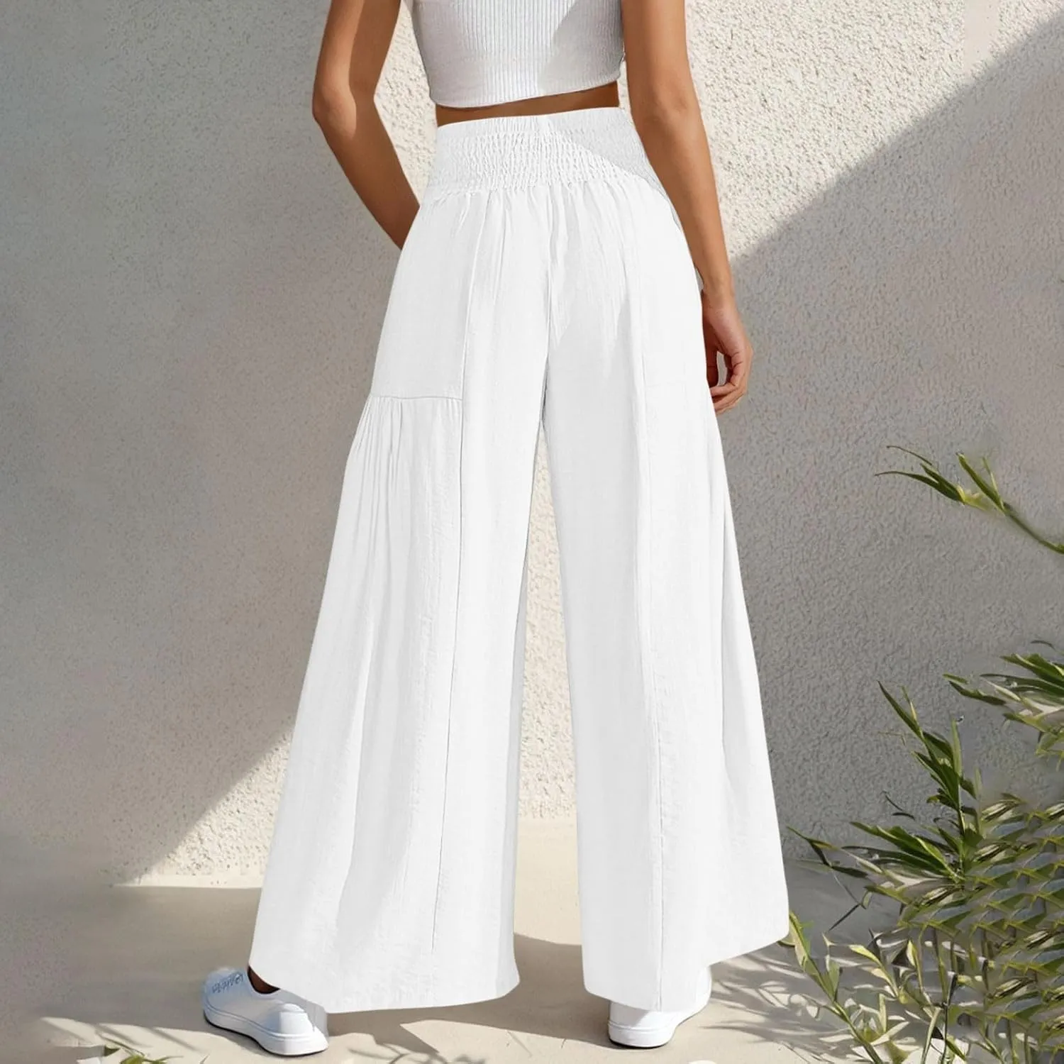 Women's Wide Leg Palazzo Lounge Pants with Pockets Light Weight Comfy Pajama Pant Smocked High Waisted Loose Solid Pant