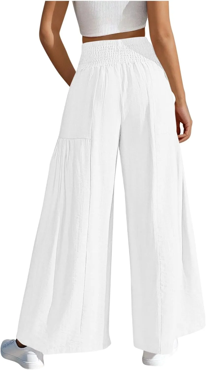 Women's Wide Leg Palazzo Lounge Pants with Pockets Light Weight Comfy Pajama Pant Smocked High Waisted Loose Solid Pant