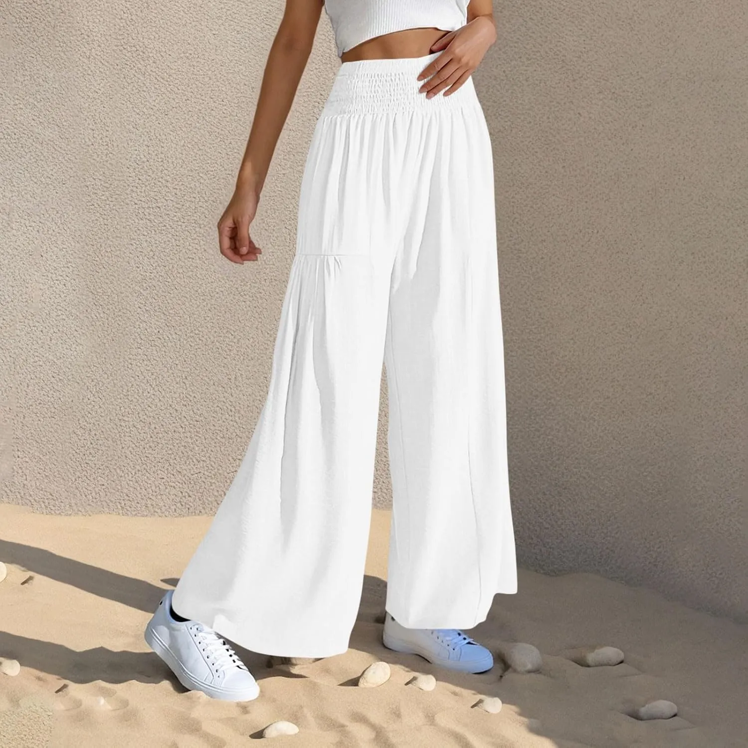 Women's Wide Leg Palazzo Lounge Pants with Pockets Light Weight Comfy Pajama Pant Smocked High Waisted Loose Solid Pant