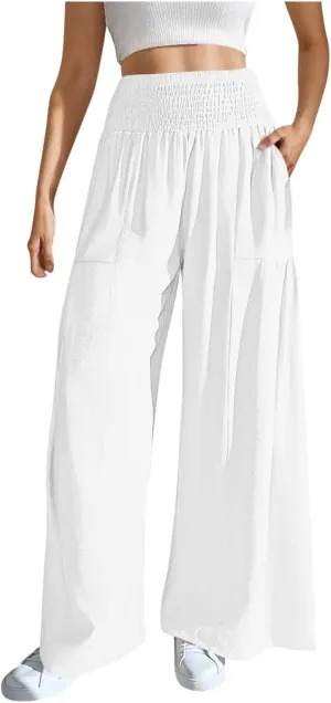 Women's Wide Leg Palazzo Lounge Pants with Pockets Light Weight Comfy Pajama Pant Smocked High Waisted Loose Solid Pant