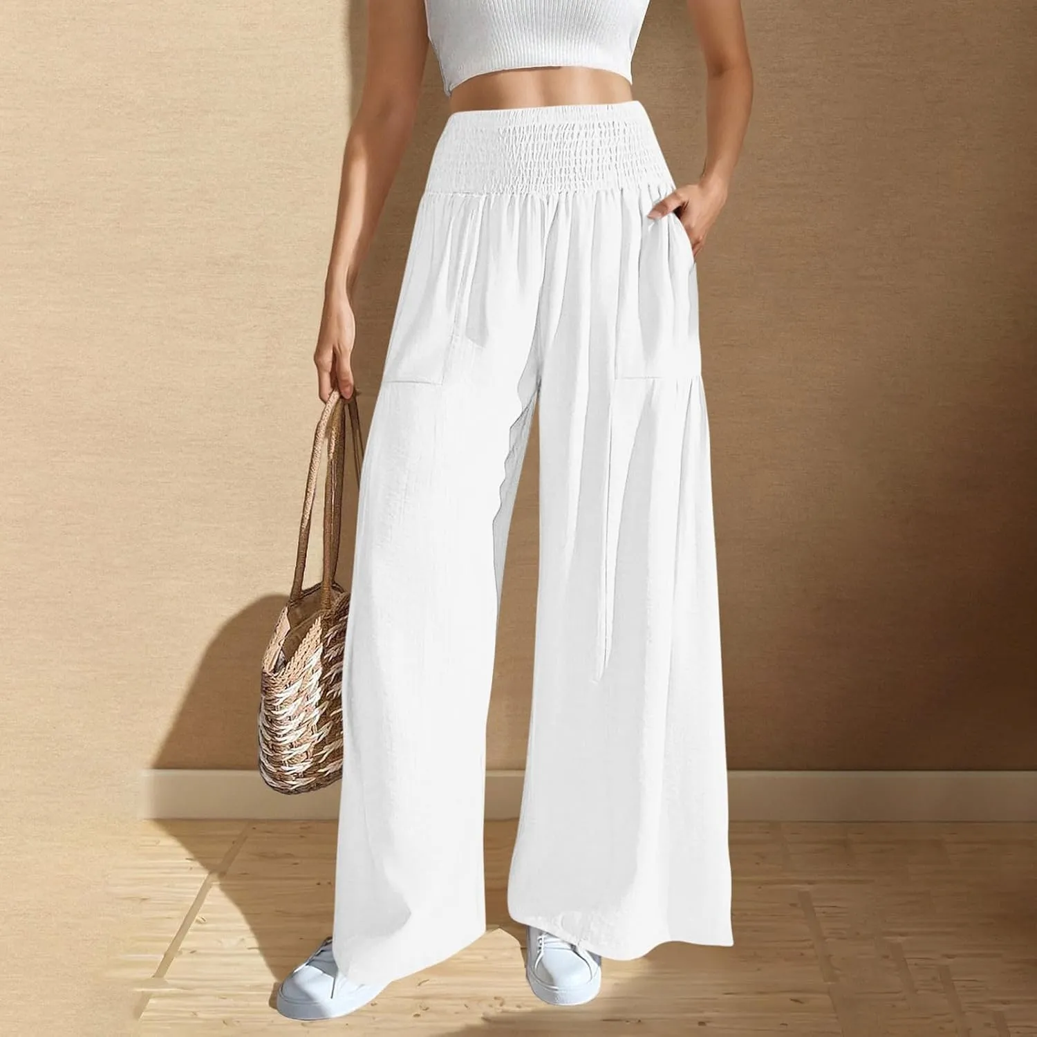 Women's Wide Leg Palazzo Lounge Pants with Pockets Light Weight Comfy Pajama Pant Smocked High Waisted Loose Solid Pant