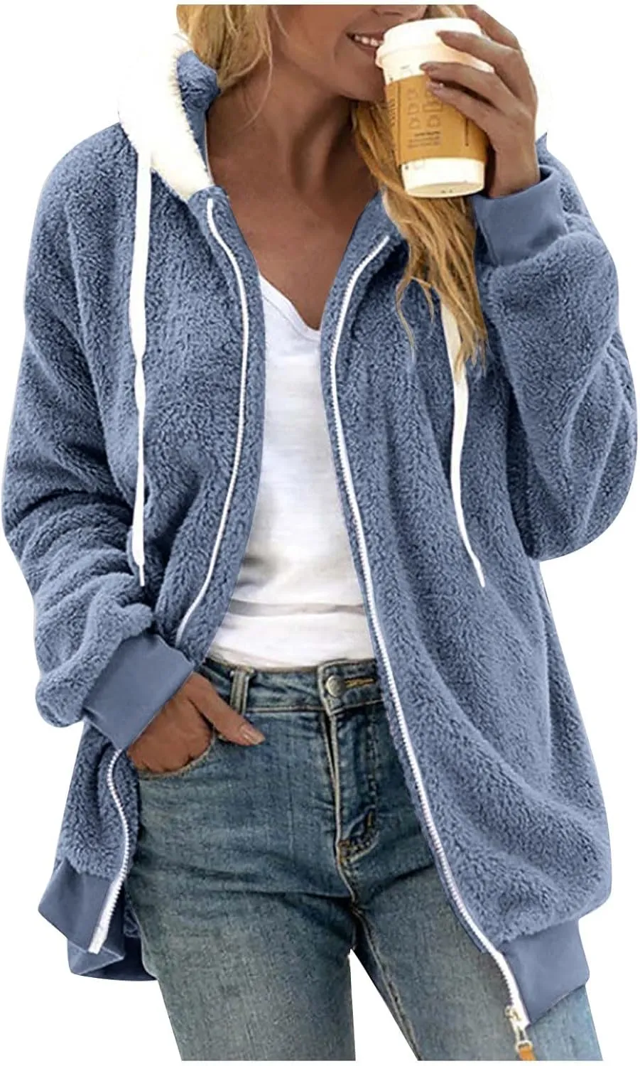 Women's Winter Coats Fuzzy Fleece Jacket Hooded Color Block Patchwork Cardigan Coat Outerwear With Pockets