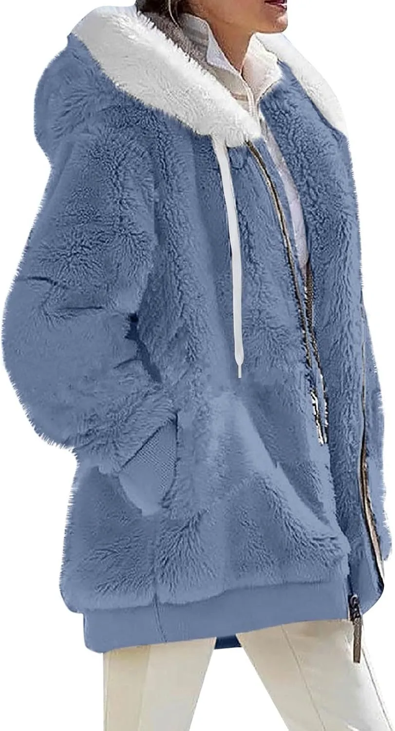 Women's Winter Coats Fuzzy Fleece Jacket Hooded Color Block Patchwork Cardigan Coat Outerwear With Pockets