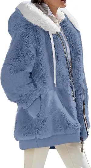 Women's Winter Coats Fuzzy Fleece Jacket Hooded Color Block Patchwork Cardigan Coat Outerwear With Pockets