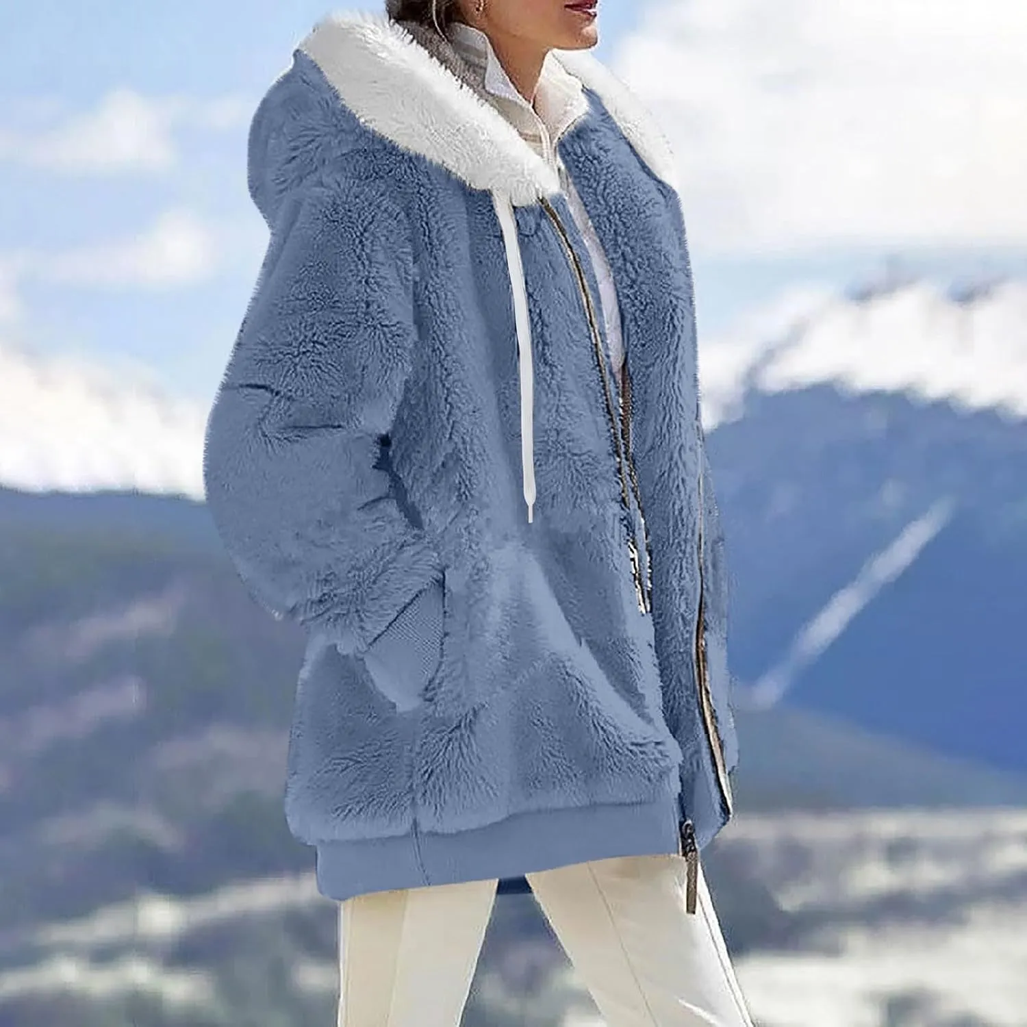 Women's Winter Coats Fuzzy Fleece Jacket Hooded Color Block Patchwork Cardigan Coat Outerwear With Pockets