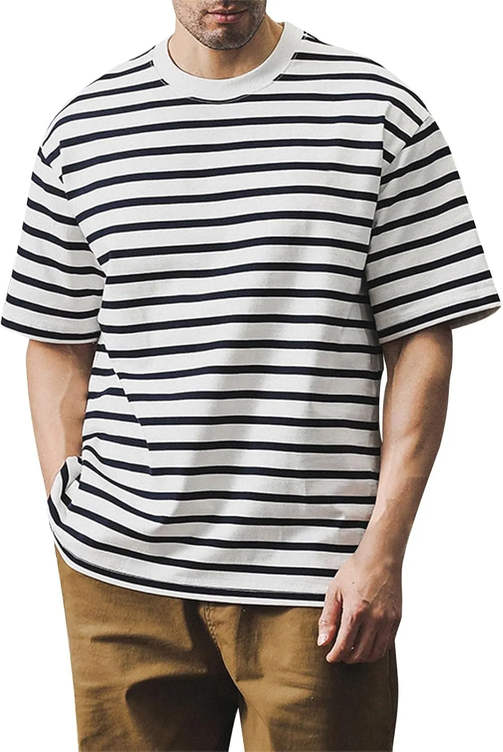 Ymosrh Men's Fashion Tshirts Casual Striped Short Sleeve Crewneck Summer Basic Tee Shirts, S-4XL