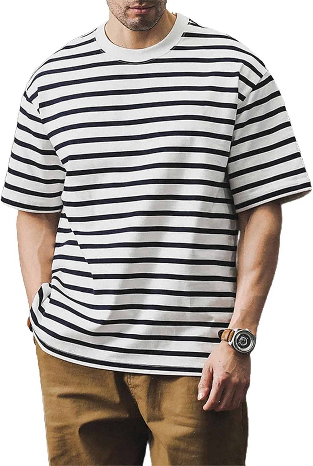 Ymosrh Men's Fashion Tshirts Casual Striped Short Sleeve Crewneck Summer Basic Tee Shirts, S-4XL